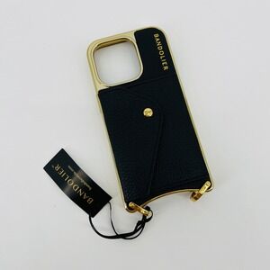 Bandolier Phone Case iPhone 14 Pro Black Gold Leather Crossbody Wallet Snap Slot